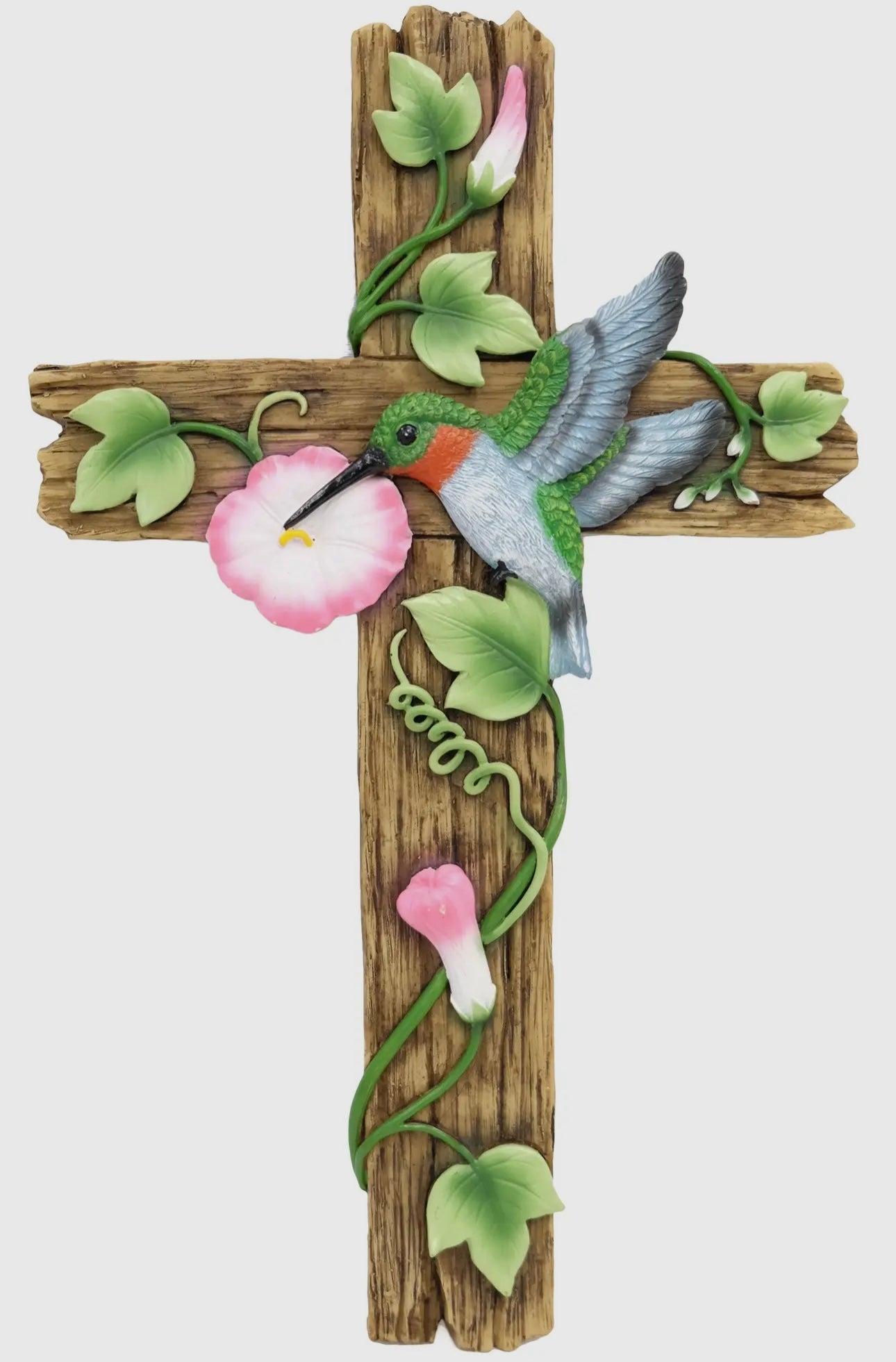 Vintage Wood Green Hummingbird Summer Pink Floral Garden Religious Hanging Wall Cross