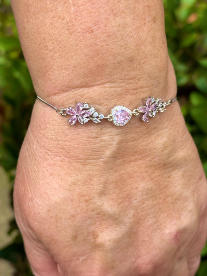 Sterling Silver with Cubic Zirconia Crystals Flower Heart Bolo Bracelet Made In The USA