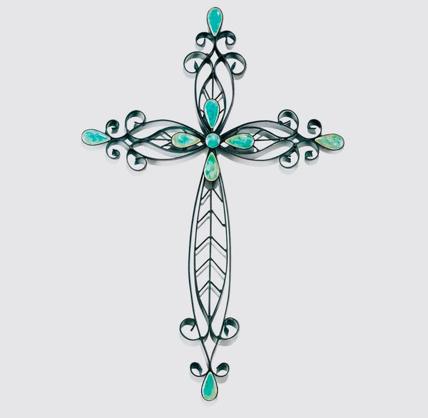 Elegant Classy Wall Cross with Turquoise Stone Metal Fleur De Lis Style