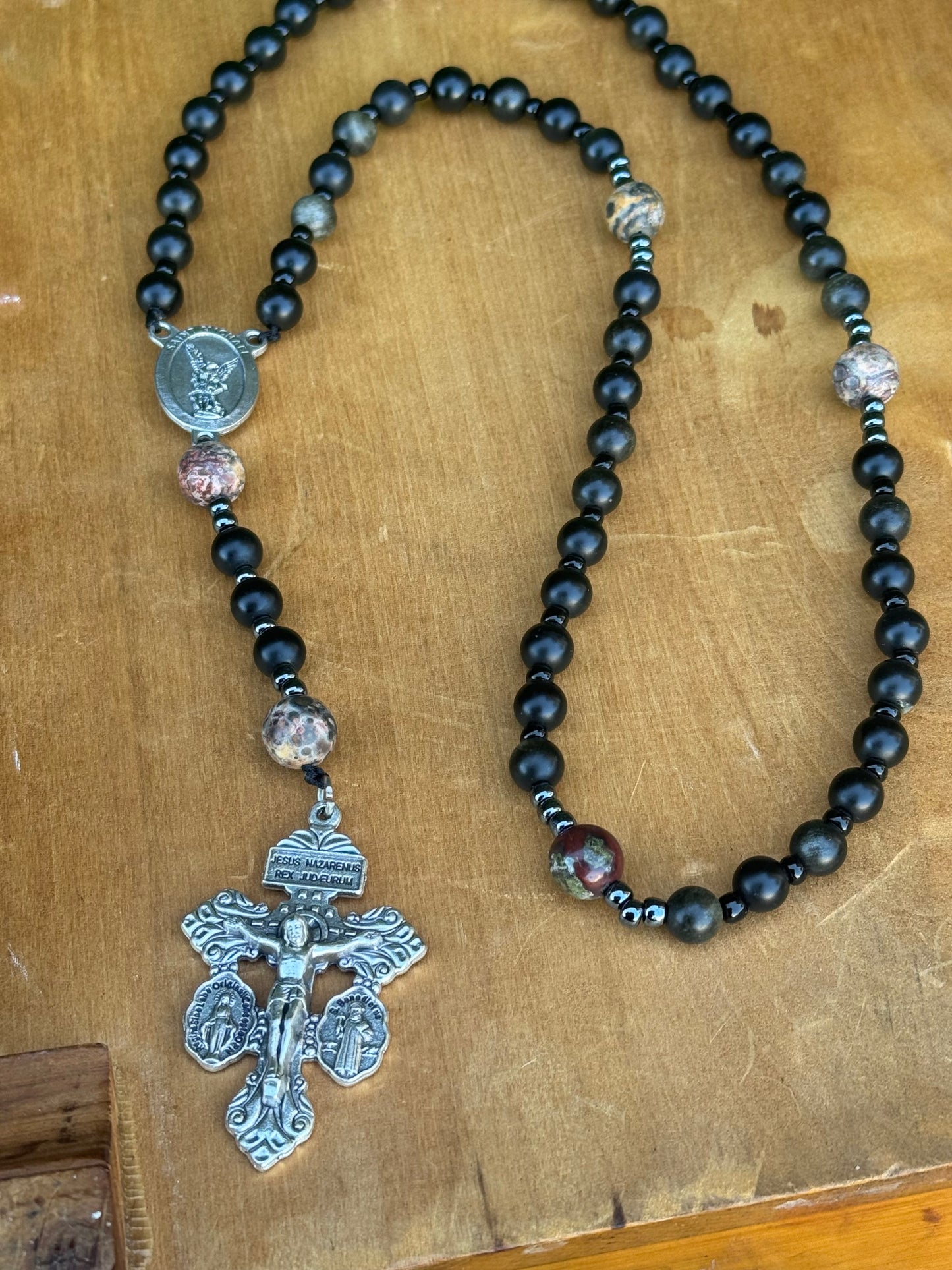 Handmade Corded Rosary with Pardon Crucifix and Saint Michael Centerpiece