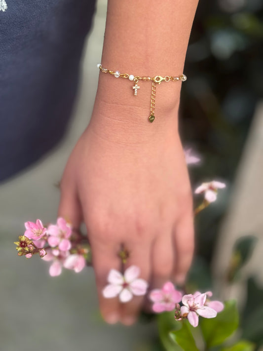 Aurora Borealis Beaded Cross Bracelet Gold Plated