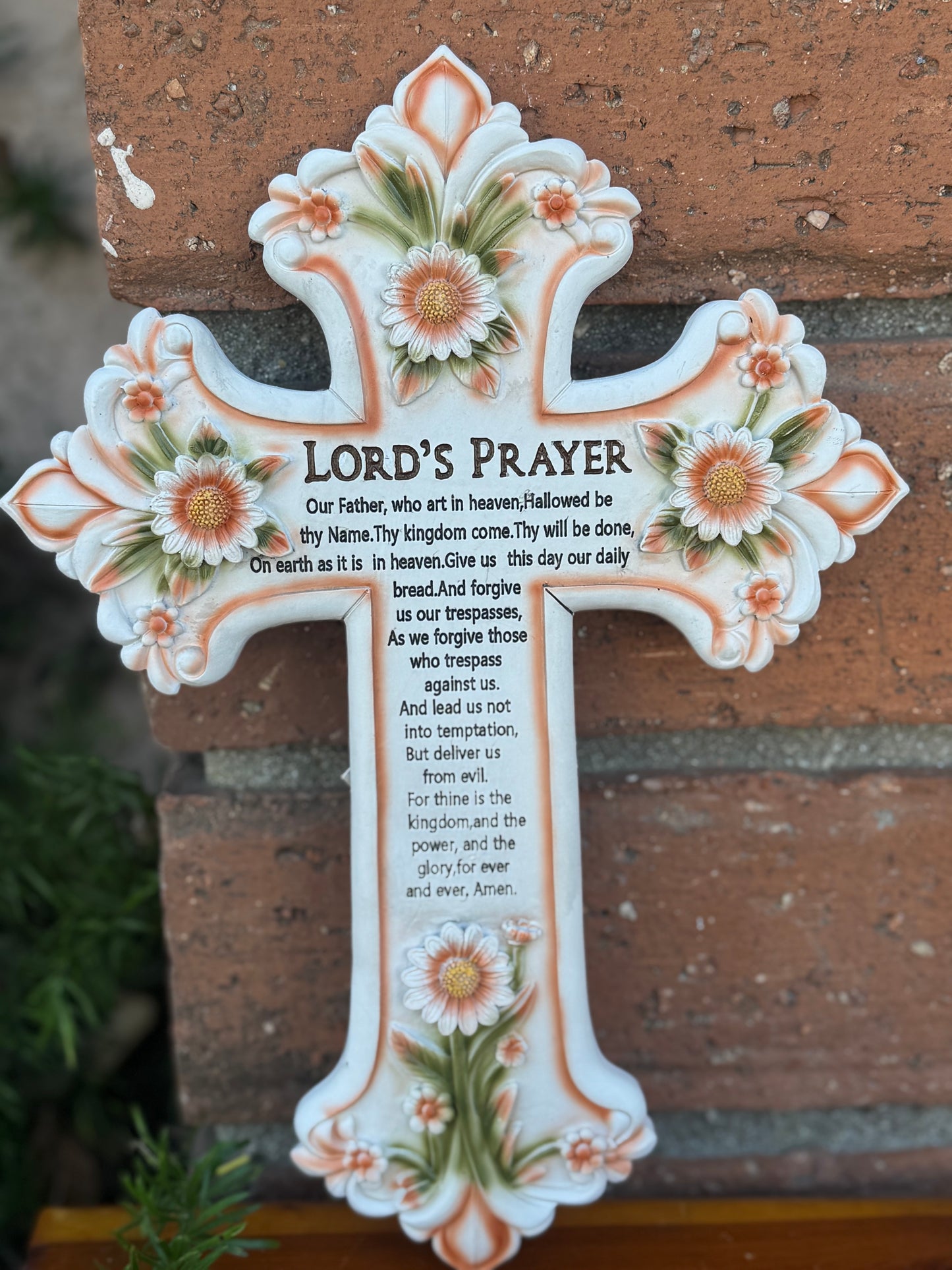 Lord's Prayer Wall Cross with Floral Design - Decorative Religious Home Decor Gift