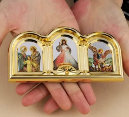 Triptych Icon Stand Plaque with St. Michael, Divine Mercy and Holy Family,