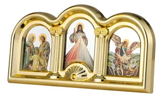 Triptych Icon Stand Plaque with St. Michael, Divine Mercy and Holy Family,