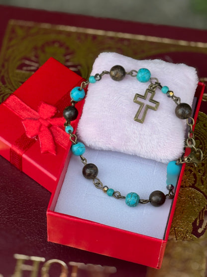 Bracelet with Bronze Cross and Imitation Turquoise Beads Handmade