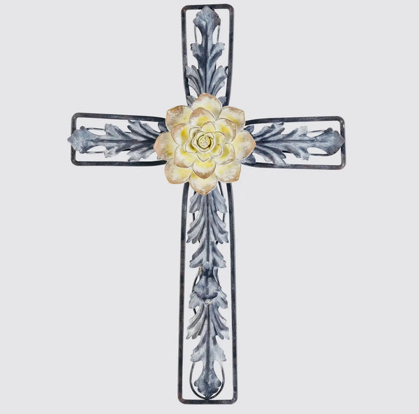 Cross Metal Wall Cross with Resin Flower 18.5" Flower Vine Inspired Cross