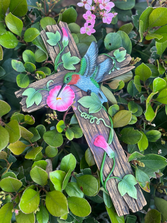 Vintage Wood Green Hummingbird Summer Pink Floral Garden Religious Hanging Wall Cross