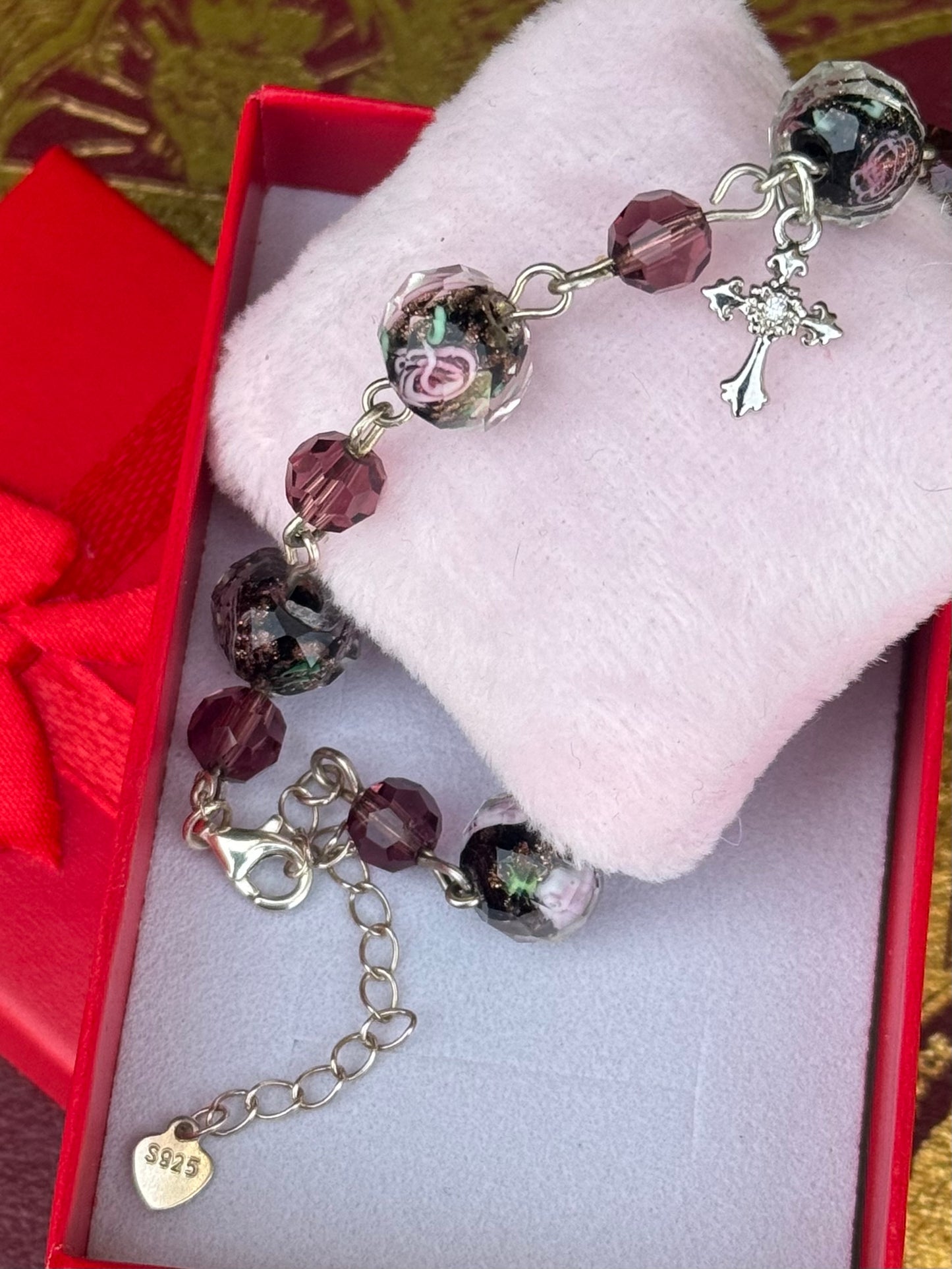 Rose Bead Bracelet with European Inspired Cross Sterling Silver Amethyst Austrian Crystals
