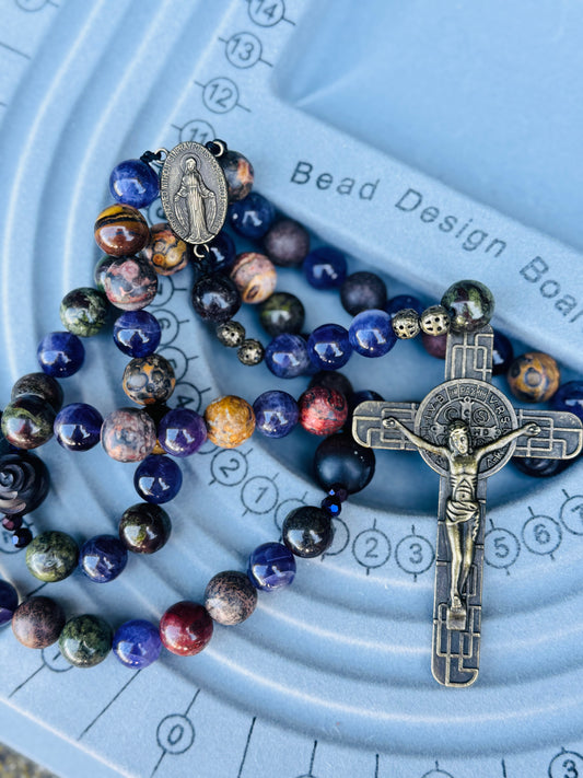 Grade AAA Natural Gemstone Rosary, Juju Wood Beads, Bronze Saint Benedict Crucifix Handmade in the USA