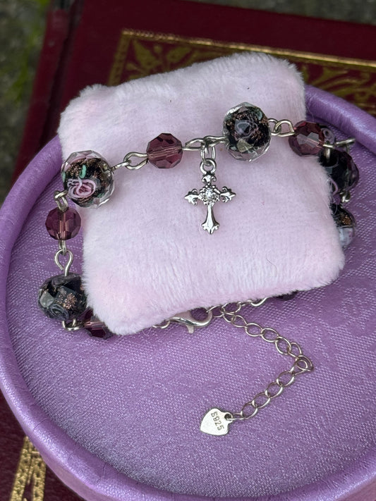 Rose Bead Bracelet with European Inspired Cross Sterling Silver Amethyst Austrian Crystals