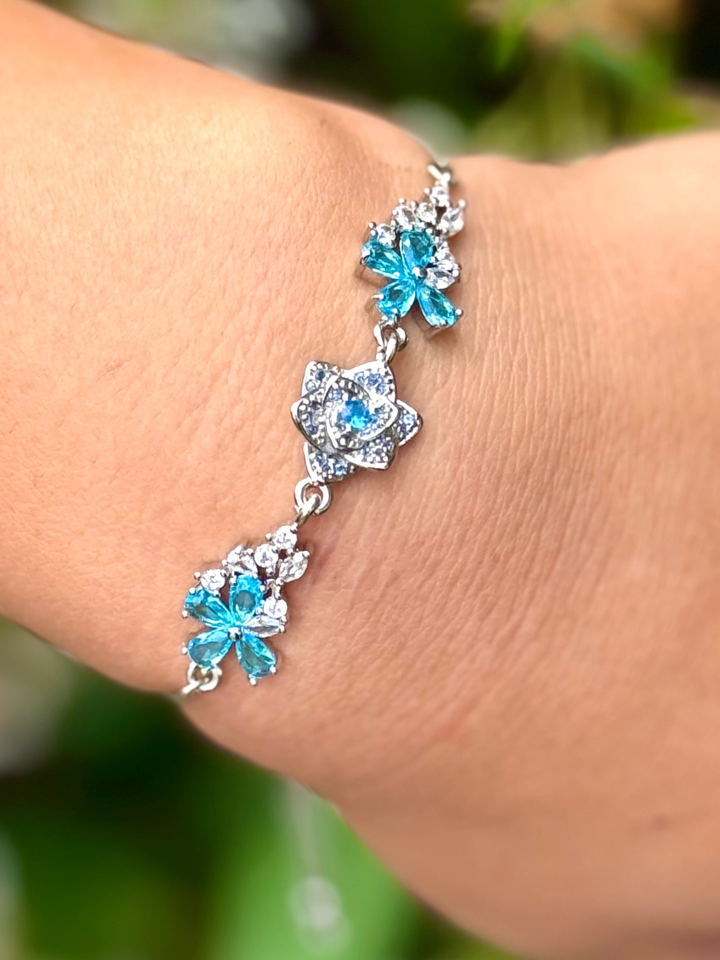 Sterling Silver with Cubic Zirconia Crystals Rose Bolo Bracelet Made In The USA