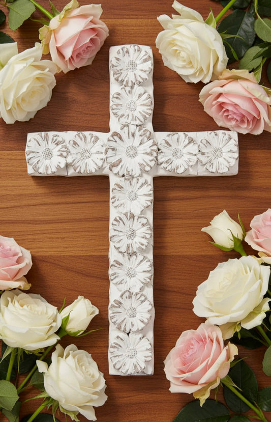 Handmade White Distressed Wall Cross with Floral Medallions | Rustic Farmhouse Decor | Catholic Christian Gift | Shabby Chic Religious Home in