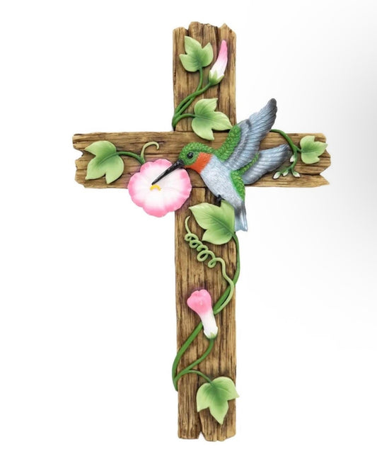 Vintage Wood Green Hummingbird Summer Pink Floral Garden Religious Hanging Wall Cross