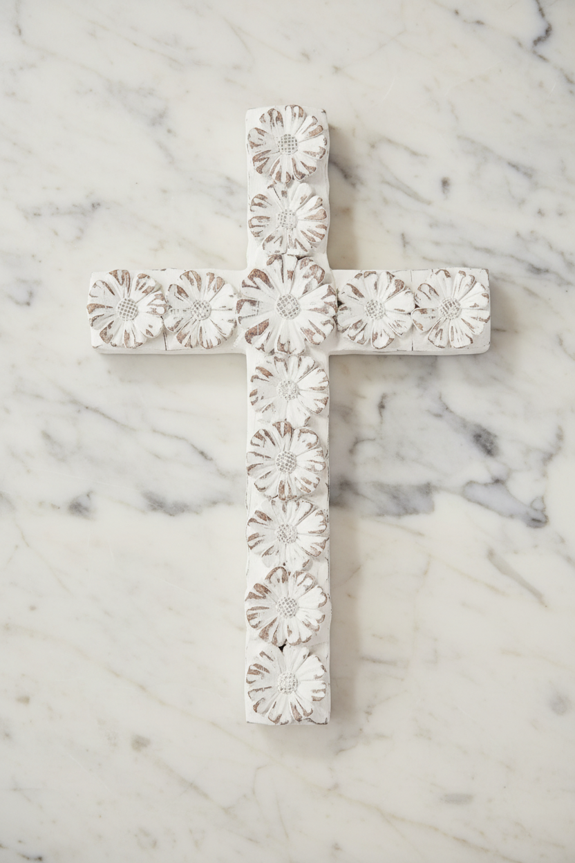 Handmade White Distressed Wall Cross with Floral Medallions | Rustic Farmhouse Decor | Catholic Christian Gift | Shabby Chic Religious Home in