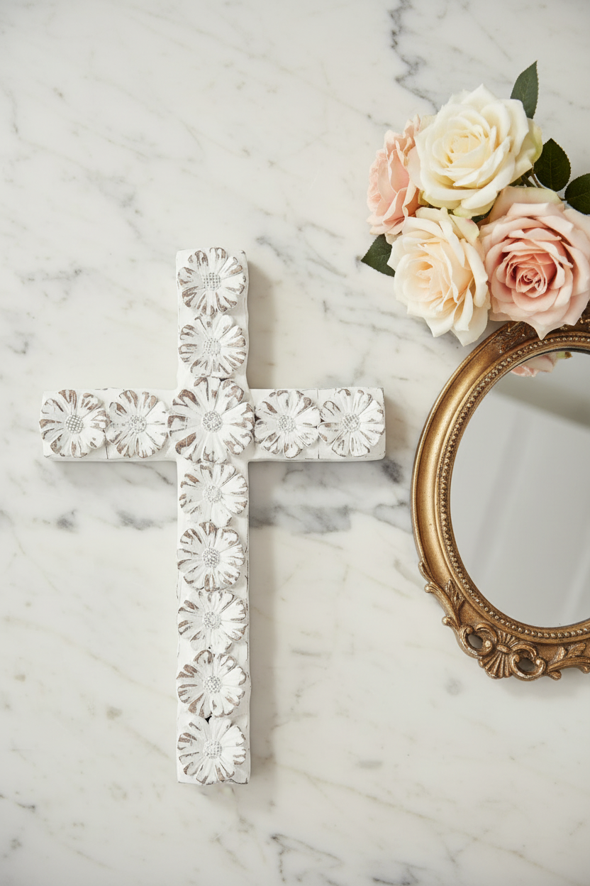 Handmade White Distressed Wall Cross with Floral Medallions | Rustic Farmhouse Decor | Catholic Christian Gift | Shabby Chic Religious Home in