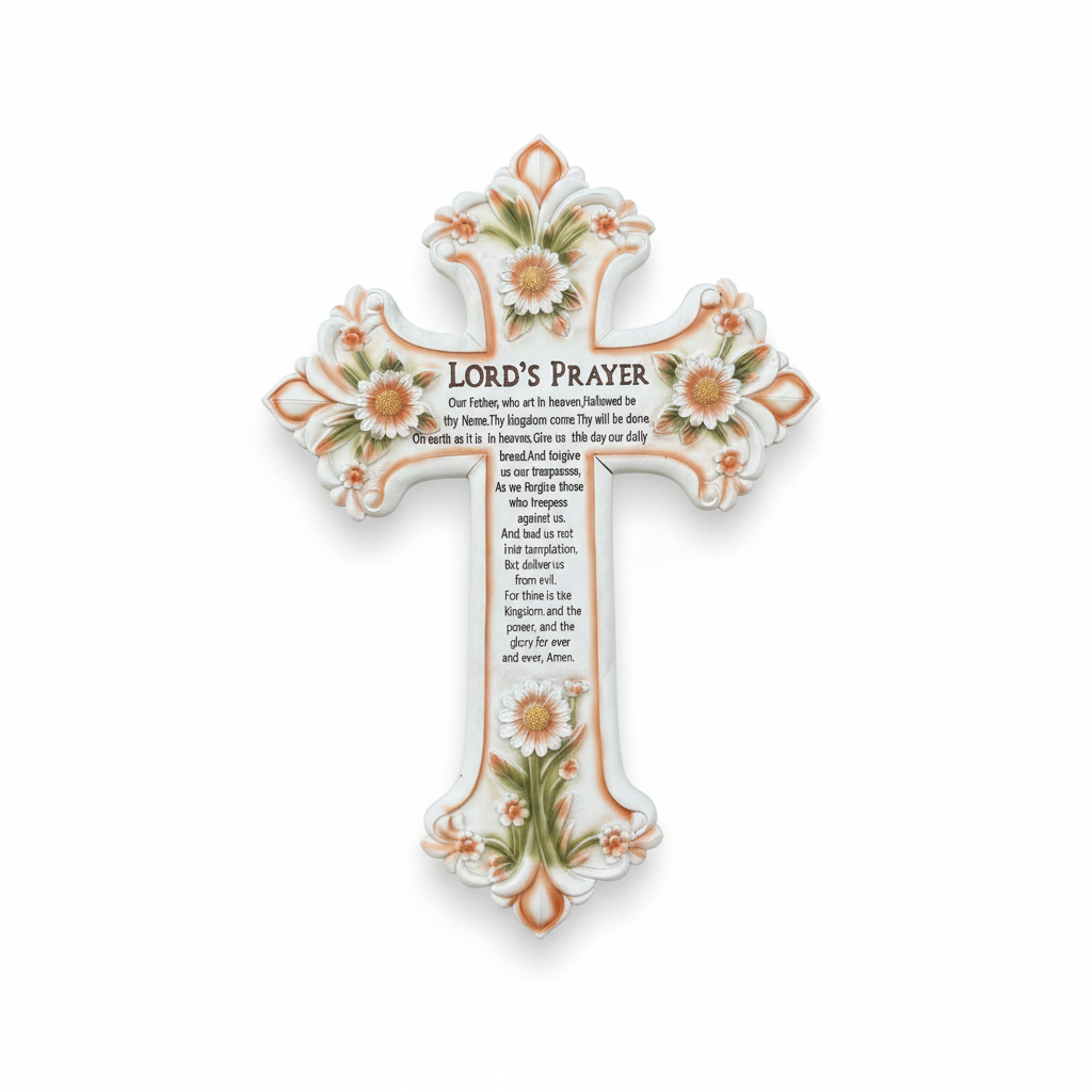 Lord's Prayer Wall Cross with Floral Design - Decorative Religious Home Decor Gift