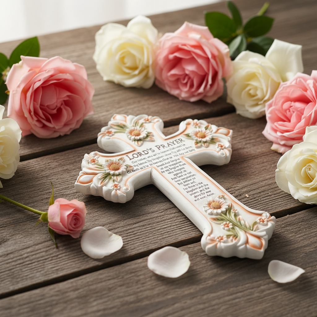 Lord's Prayer Wall Cross with Floral Design - Decorative Religious Home Decor Gift