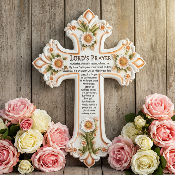 Lord's Prayer Wall Cross with Floral Design - Decorative Religious Home Decor Gift