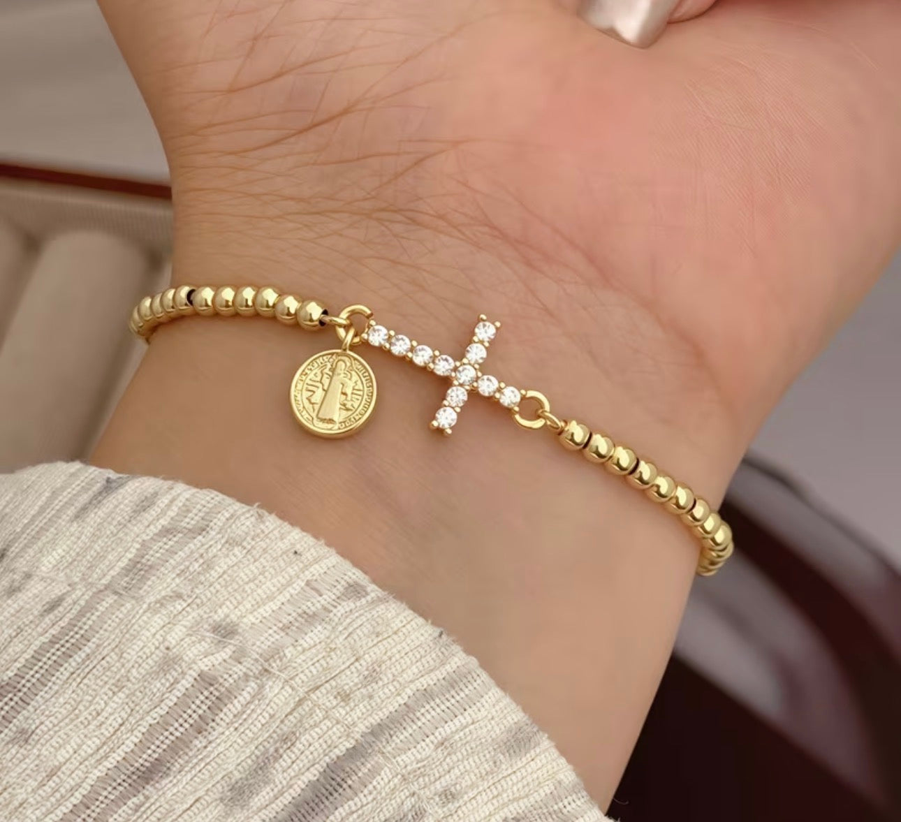 Gold Cross Adjustable Bracelet with St. Benedict Medal