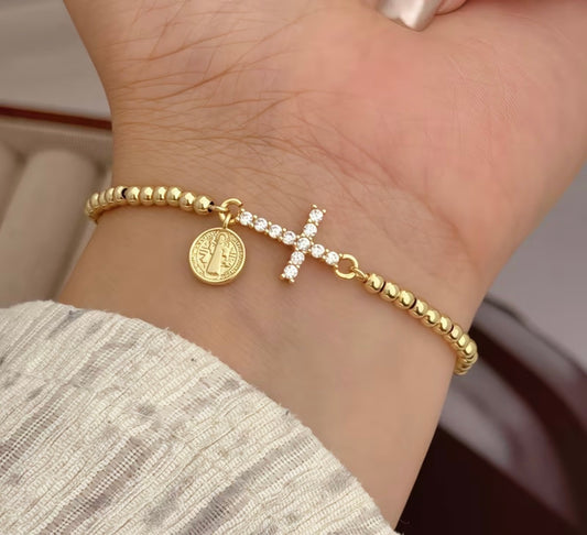 Gold Cross Adjustable Bracelet with St. Benedict Medal