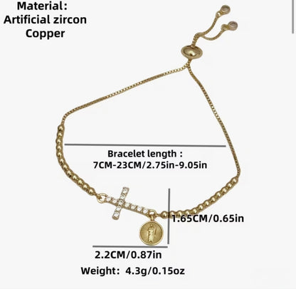Gold Cross Adjustable Bracelet with St. Benedict Medal