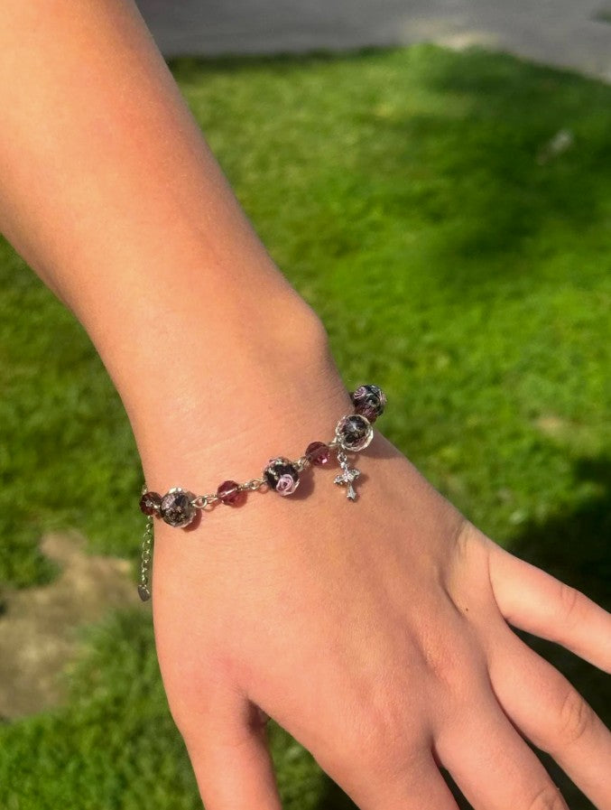 Rose Bead Bracelet with European Inspired Cross Sterling Silver Amethyst Austrian Crystals