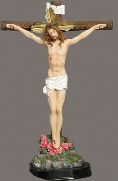 Standing Crucifix with Wooden Base Full Color