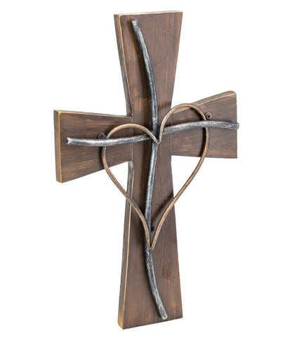 Wooden Cross with Heart 17"
