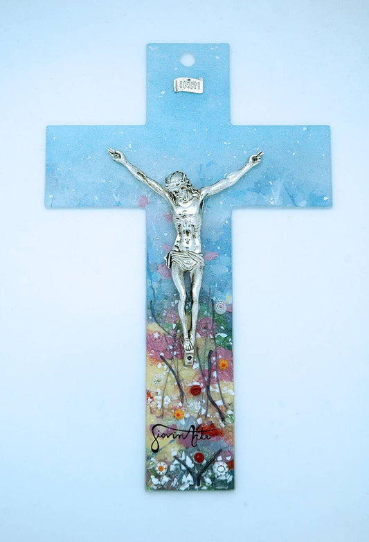 Italian Murano Glass Crucifix, Blue Garden Flowers