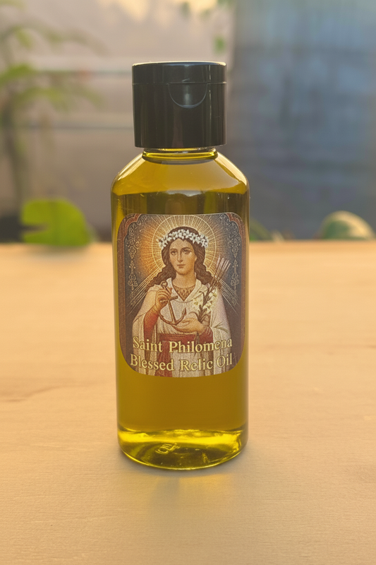 Saint Philomena Blessed Relic Oil - olive oil color